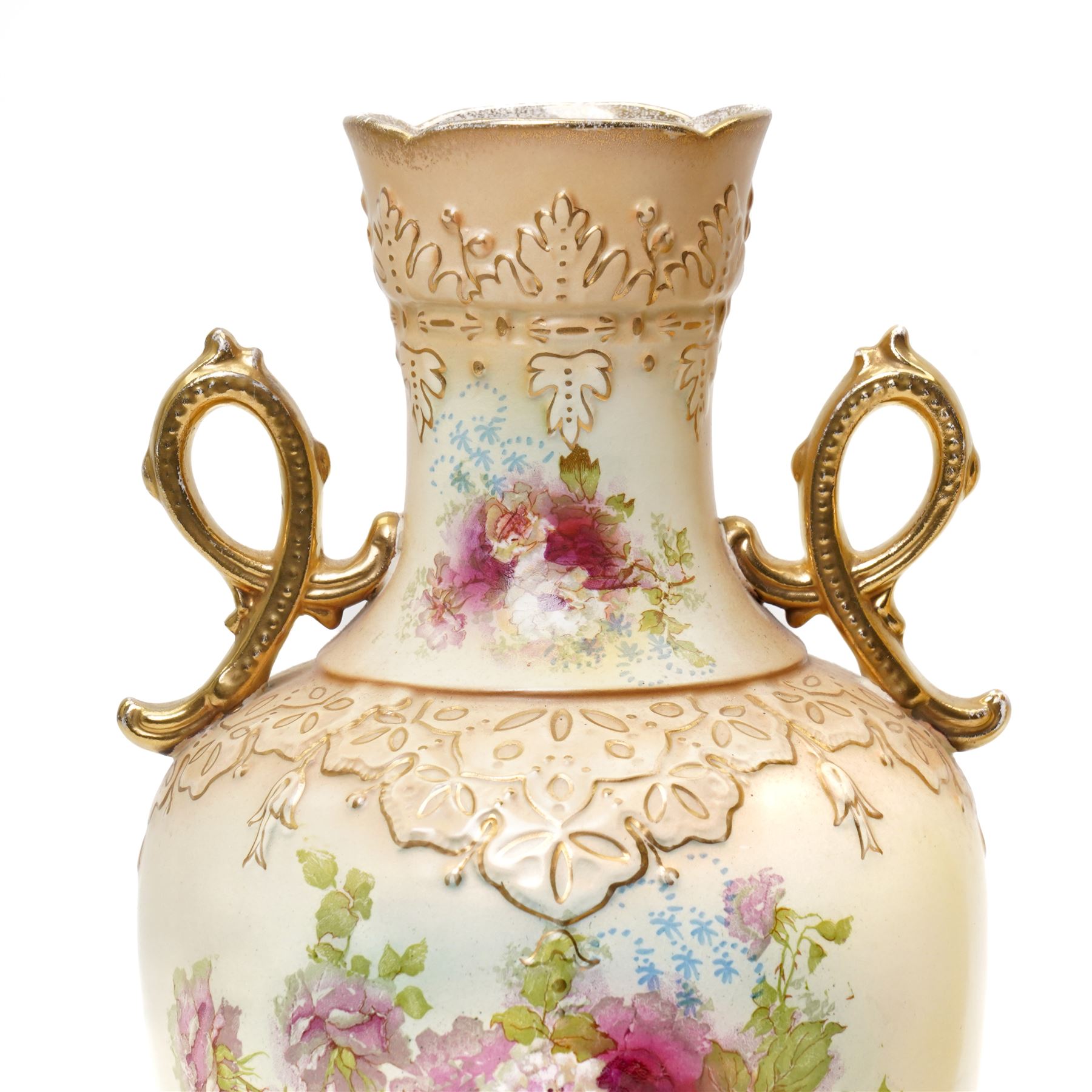 Pair of early 20th century S Fielding & Co. Royal Devon blush ivory ground vases, H38cm