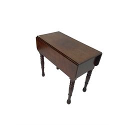 19th century walnut drop leaf side table, rectangular top with reeded edge, fitted with secret compartment with button action, leaf functions as hinged door enclosing cupboard, raised on turned supports