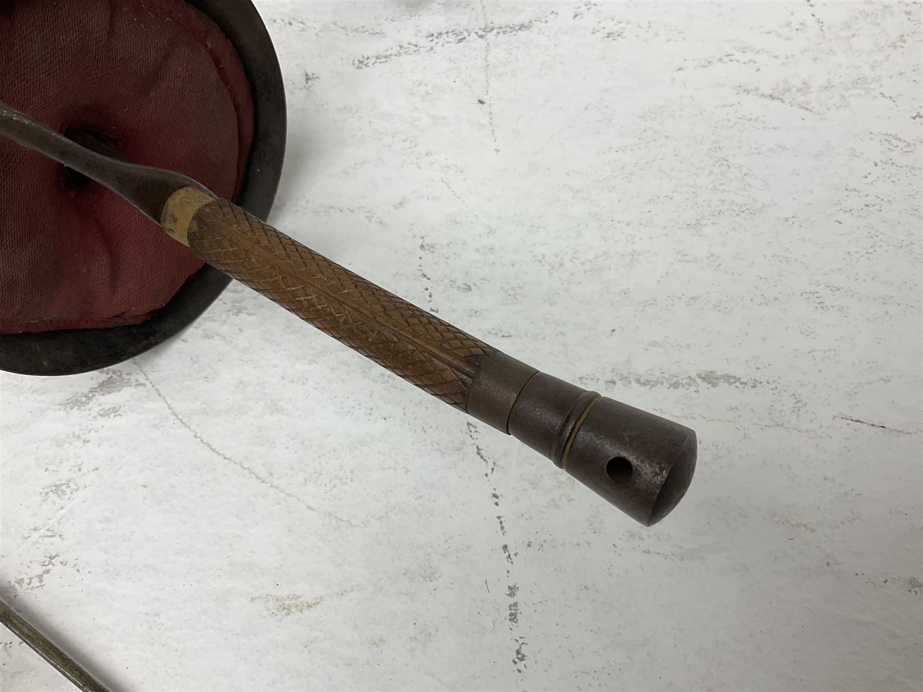 20th century Indian Tulwar sword with 71cm plain curving steel blade and iron hilt with extended langets, knopped grip and spiked pommel; in canvas covered wooden scabbard L87.5cm overall; together with five fencing swords comprising four foils and one epee, three marked Leon Paul, one in carrying case (6)
