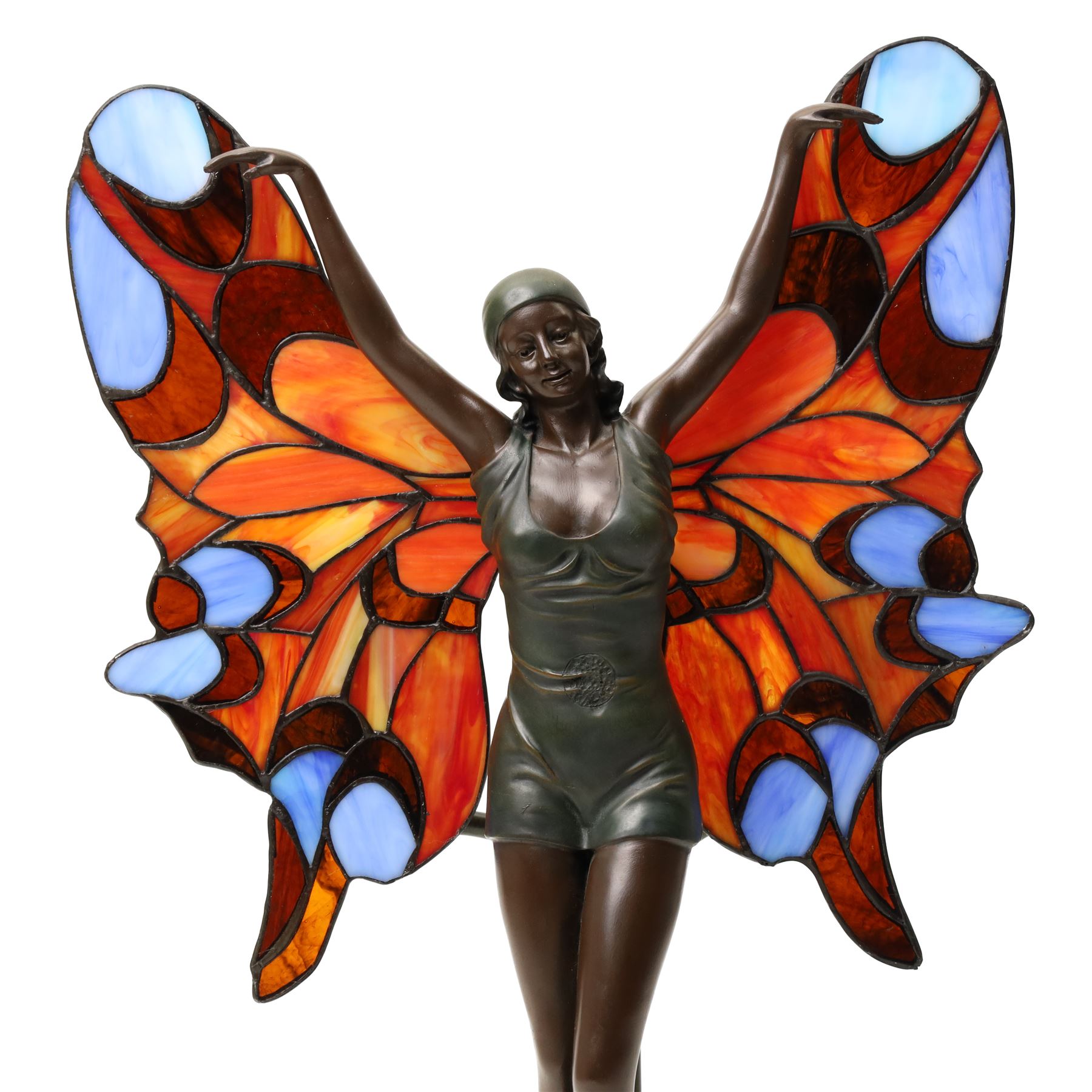 Tiffany style table lamp in the form of an art deco style bronzed female figure with butterfly wings H52cm