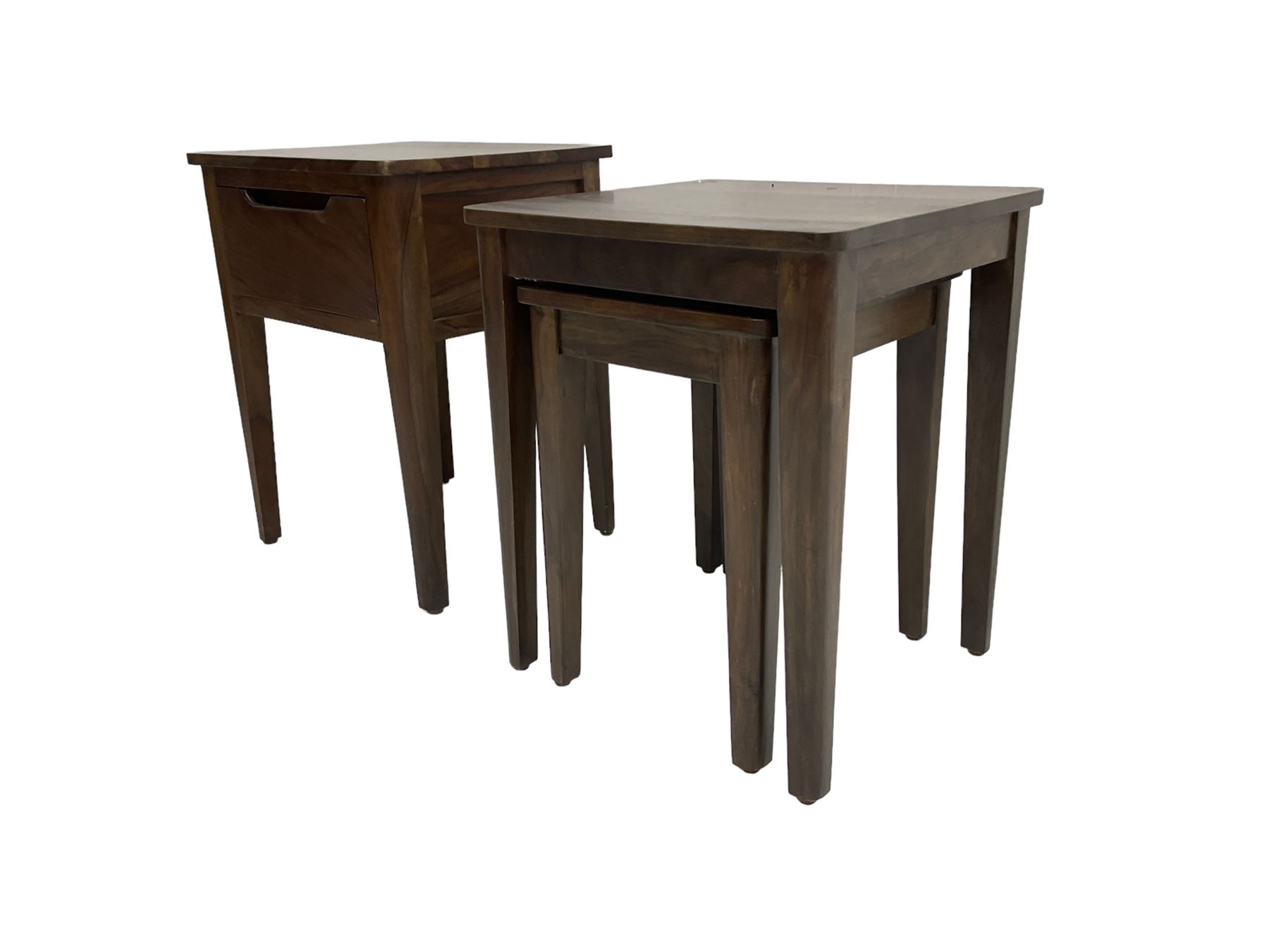Hardwood side table, fitted with single drawer (W45cm D40cm H60); and matching nest of two tables (W46cm D43cm H55cm)