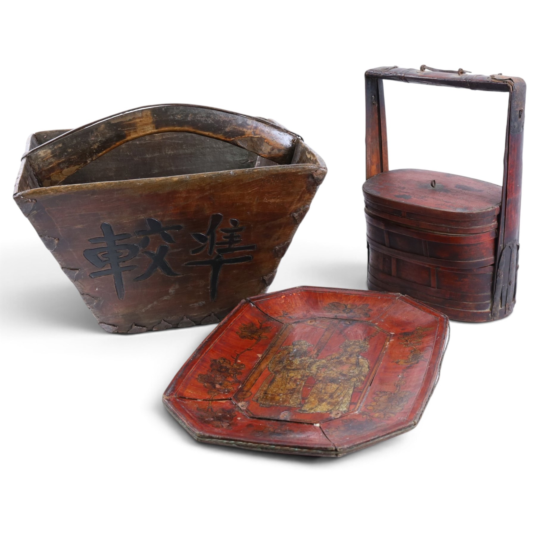 Chinese Dou, together with lacquered tray decorated with figures and bamboo steamer