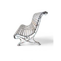 19th century cast iron and wood slatted garden bench, high scroll back form, low X shaped base, finished in distressed white paint