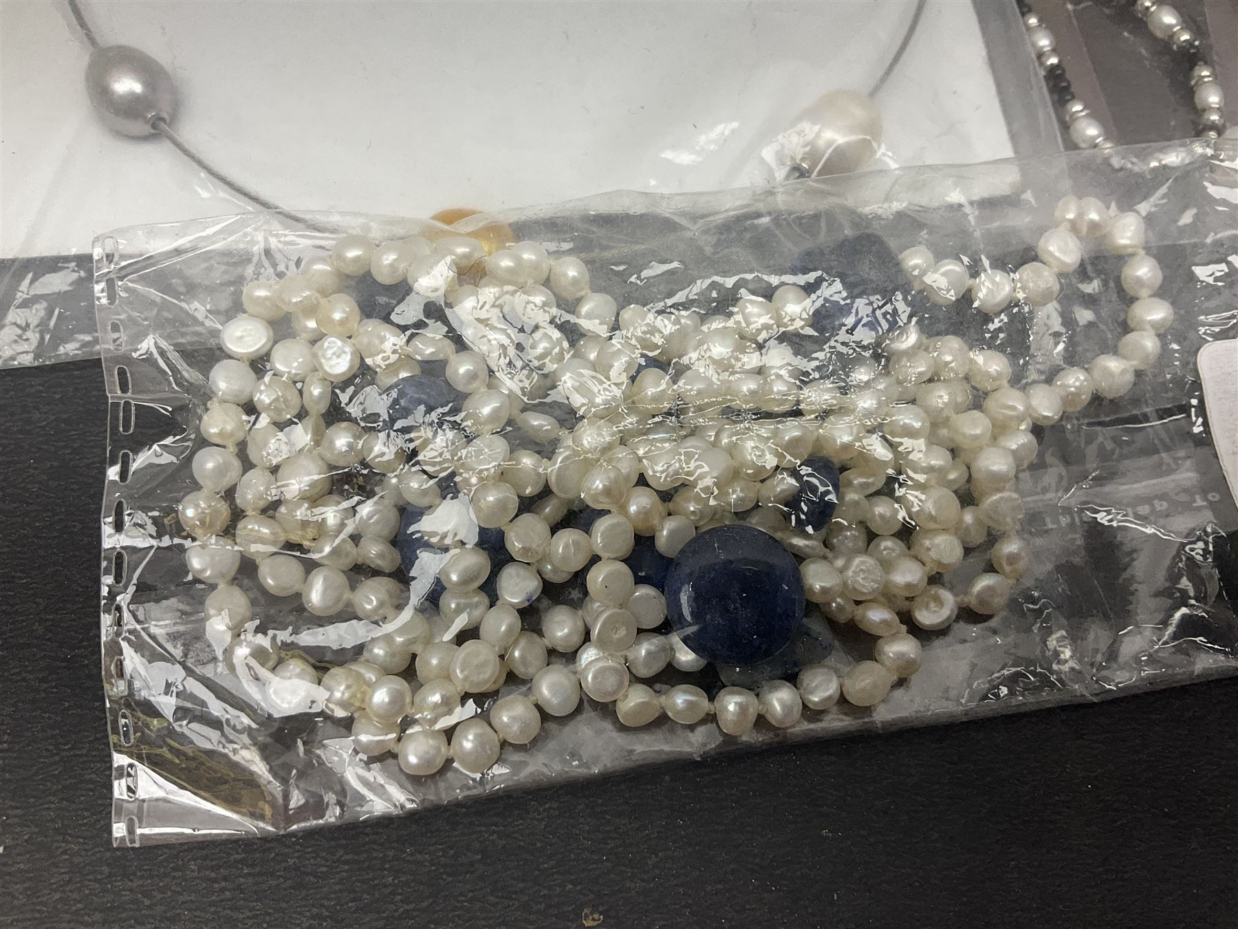 Fresh water pearl jewellery, including silver chain bracelet and necklace, and seven other necklaces, including agate examples, some with silver clasps