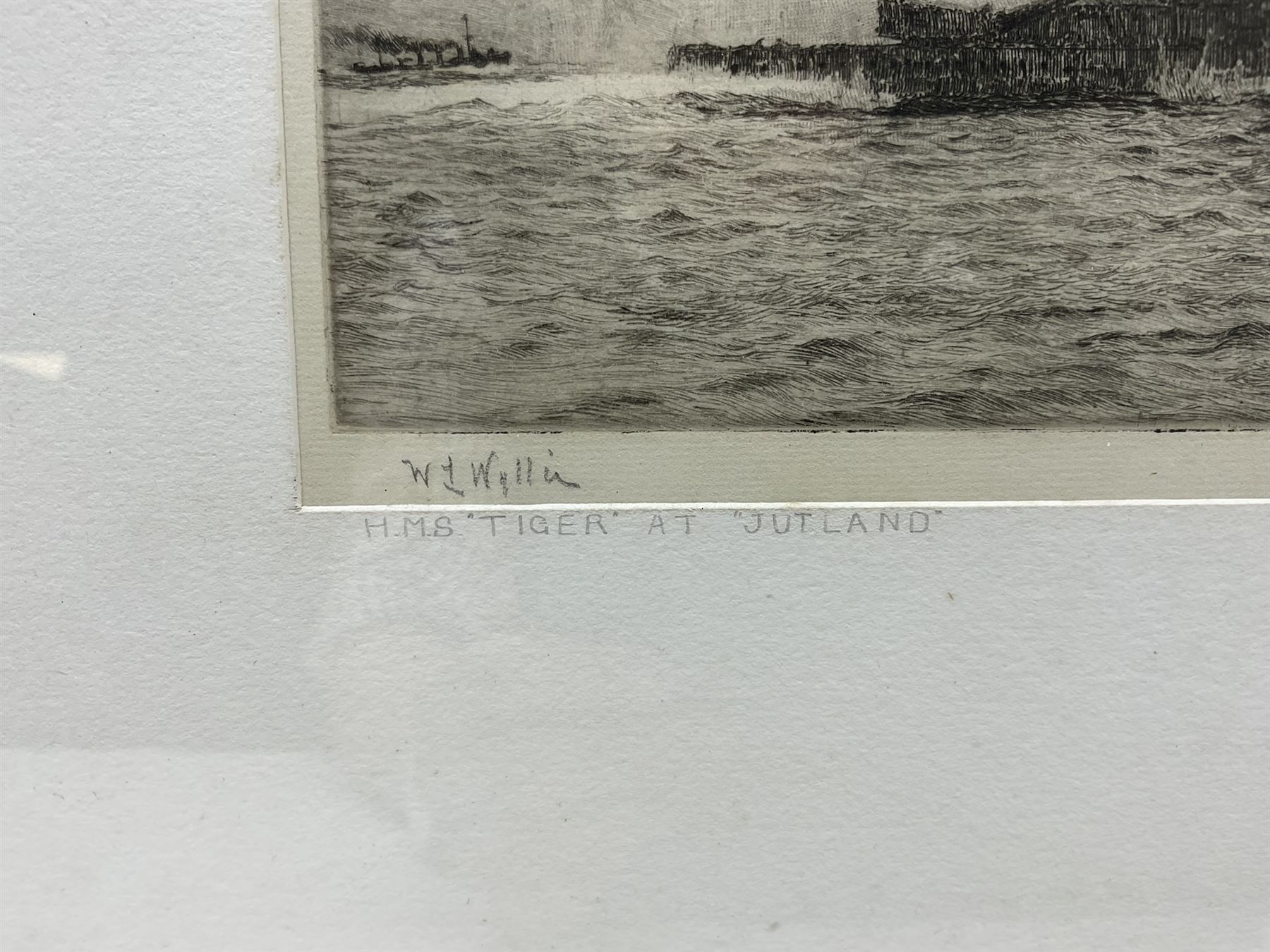 William Lionel Wyllie (British 1851-1931): 'HMS Tiger at Jutland', drypoint etching signed in pencil, titled on the mount 19cm x 44cm 
Notes: this picture depicts the British warships Tiger, Princess Royal, Lion, Warrior, and Defence in action at the Battle of Jutland on 31st May 1916, shortly before the Defence was sunk.