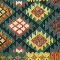 Maiman kilim, woven with an arrangement of multicoloured diamonds on a dark ground with contrasting ivory and ochre highlights, enclosed by a broad border featuring alternating geometric devices in green, mustard, red and blue