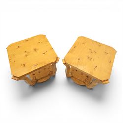 Art Deco style pair of burr walnut lamp tables, octagonal top with rounded corners and book-matched veneers, on four shaped supports united by a circular undertier and plinth base