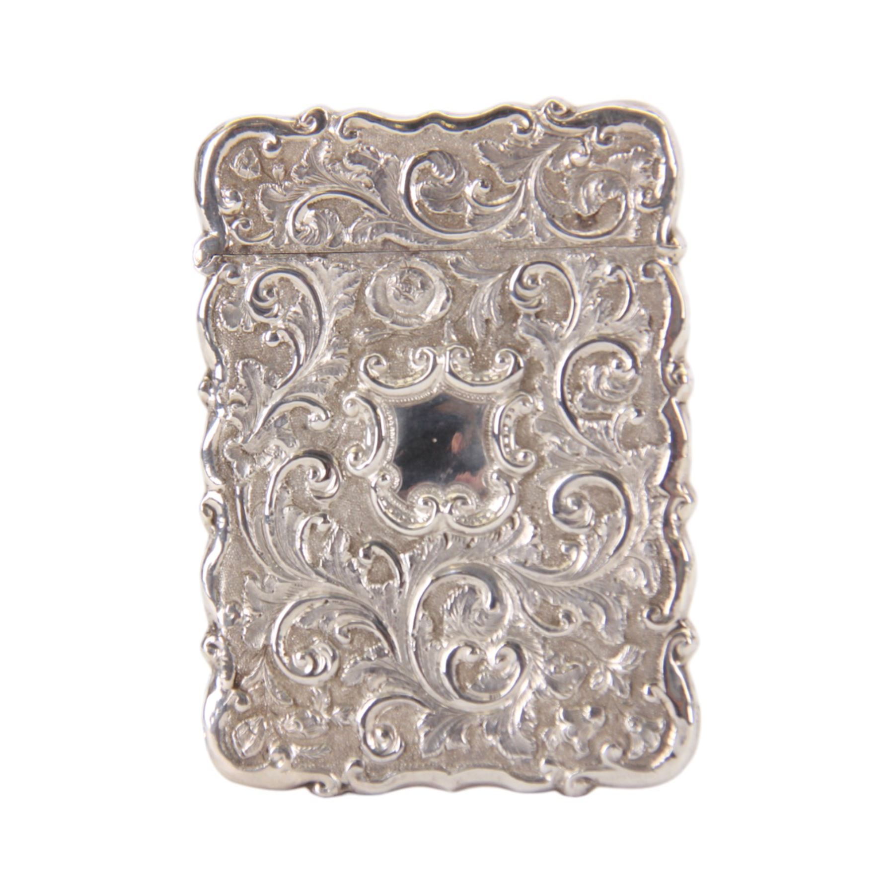 Victorian silver castle-top card case, of rectangular form with scrolling sides, relief embossed with the Houses of Parliament and surrounded by foliate scrolls, with vacant cartouche to reverse, hallmarked Hilliard & Thomason, Birmingham 1862, H9.5cm W6.5cm
