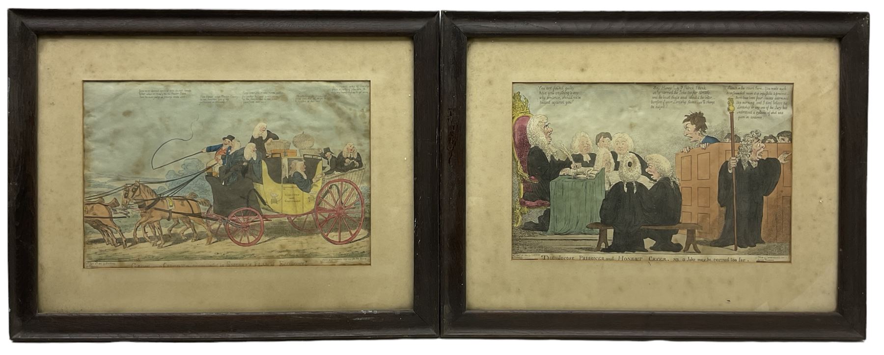 After Isaac Cruikshank (British 1756-1810): 'The Jocose Prisoner & Honest Cryer NB a Joke May be Carried Too Far' and 'Going on a Circuit as Recommended in Sherry's Plan of Economy', pair engravings with hand colouring pub. 1801 & 1803, branded stamps for the Home Brewery, Nottinghamshire verso 25cm x 37cm (2) 
Notes: Home Brewery Co. Ltd, Mansfield Road, Daybrook, Nottinghamshire, registered in August 1890 to acquire a business formerly owned by John Robinson. Acquired by Scottish & Newcastle Breweries Ltd in July 1986 with 447 public houses; brewery closed by Scottish Courage in 1996.