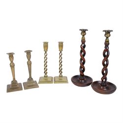 Pair of Barley open twist candlesticks, together with a similar brass pair, wooden biscuit barrel, boxes etc   