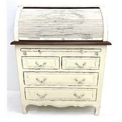 Laura Ashley Bramley range French style cream painted tambour roll top bureau desk, fitted interior, single slide above two short and two long drawers 