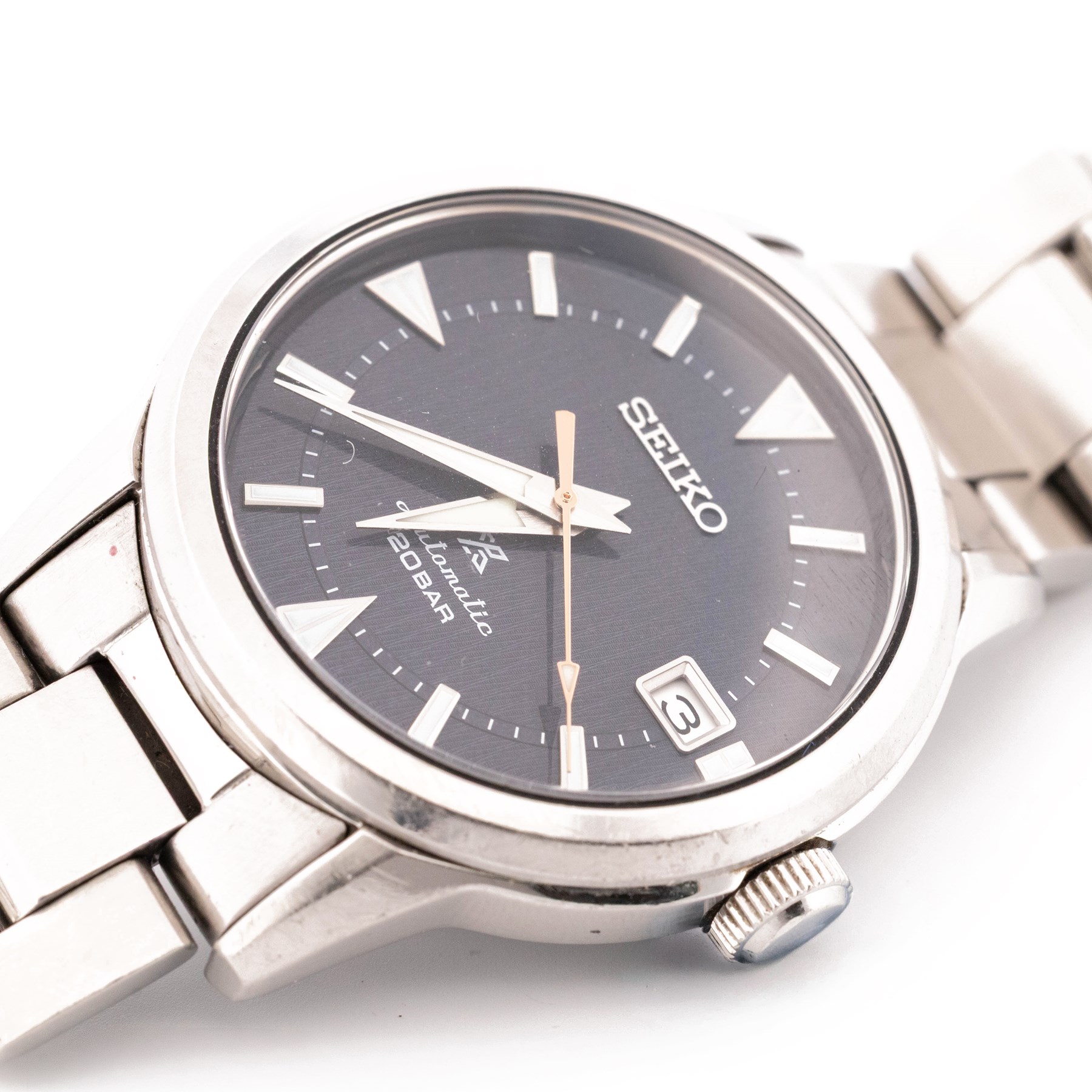 Seiko Prospex Alpinist gentleman's stainless steel automatic wristwatch, Ref. 6R35-01M0, blue dial with luminous baton and dagger hour markers and date aperture, on stainless steel bracelet, with fold-over clasp, boxed