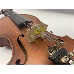 Early 20th century German Saxony three-quarter size violin with 34cm one-piece maple back and ribs and spruce top L55.5cm overall; in ebonised wooden 'coffin' case with bow