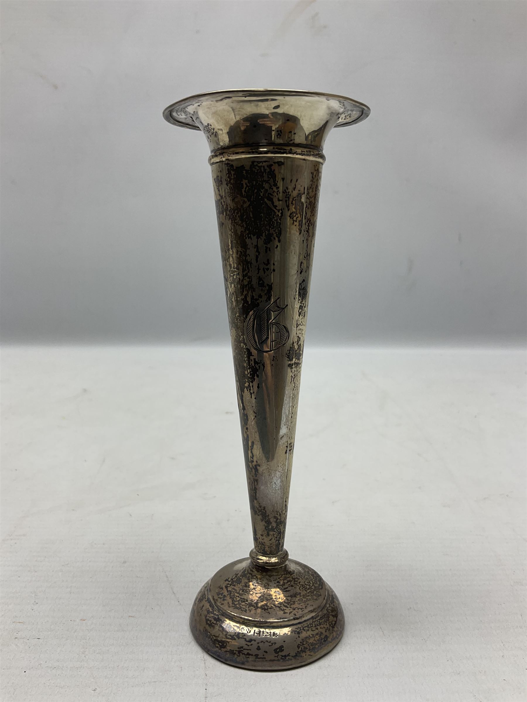 20th century silver specimen vase, of trumpet form with filled base, hallmarked Birmingham, together with a silver tray, hallmarked Chester, weight of tray 28 grams
