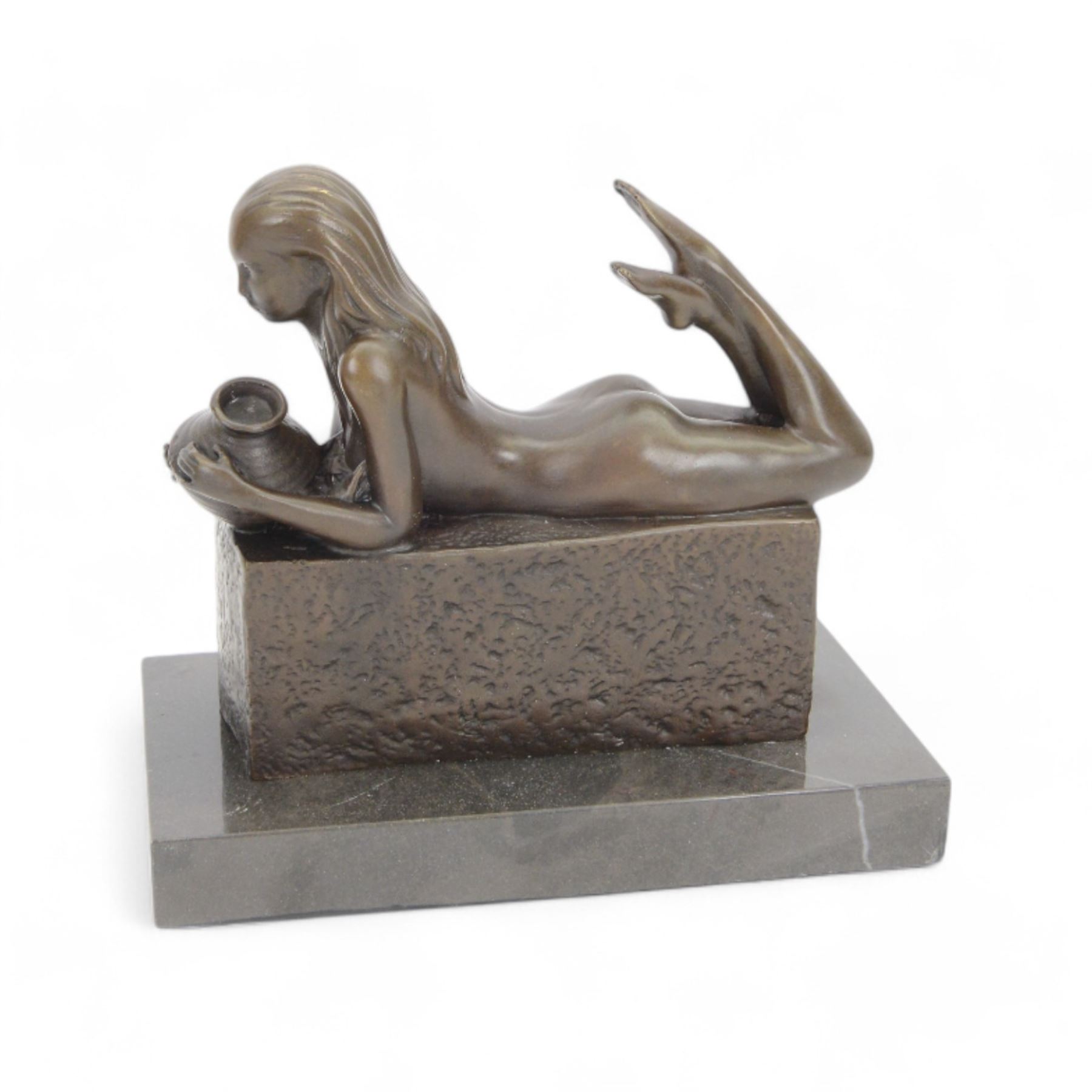 Bronze Aquarius figure, modelled as a nude female figure holding a water jug, signed Pino to base, upon marble plinth, H20cm 