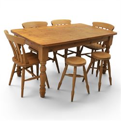 20th century traditional pine dining table together with four chairs and two stools