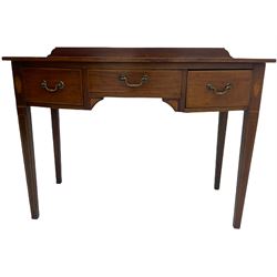 Edwardian mahogany dressing side table, raised back on bow front top with satinwood band, fitted with three drawers, inlaid with shell and fan motifs, square tapering supports
