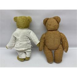 Two Steiff plush covered teddy bears, each with button and label in ear H35cm; Steiff plush covered reclining dog with open mouth; another teddy bear dressed as a doctor; and an English teddy bear (5)