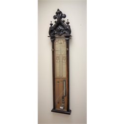  Victorian Admiral Fitzeroys barometer No.367815, oak case with scroll carved cresting and finials, Gothick paper register with thermometer, H124cm, W28cm  