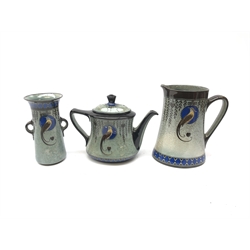  Royal Doulton Titanian series teapot, vase and jug decorated in the Birds of Paradise pattern (3)  