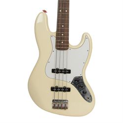 Fender jazz bass guitar, serial no. MZ7182451 made in Mexico c.2007, with cream body, white scratch plate, maple neck, guitar L120cm