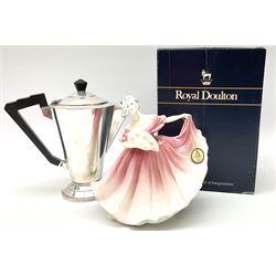 Royal Doulton figure 'Elaine' in pink with original box, together with an Art Deco EPNS hot water pot with ebonised handle (2)
