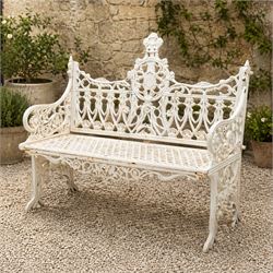 Victorian revival heavy cast iron garden bench, ornate back rest with scrolls, floral moti...