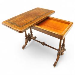 Victorian walnut and inlaid games table, rectangular fold-over top with figured walnut veneers and foliate inlay, swivel and fold over to reveal a green baize lined playing surface, on twin supports united by a stretcher, raised on scroll carved feet with castors (extended 96cm x 92cm)
