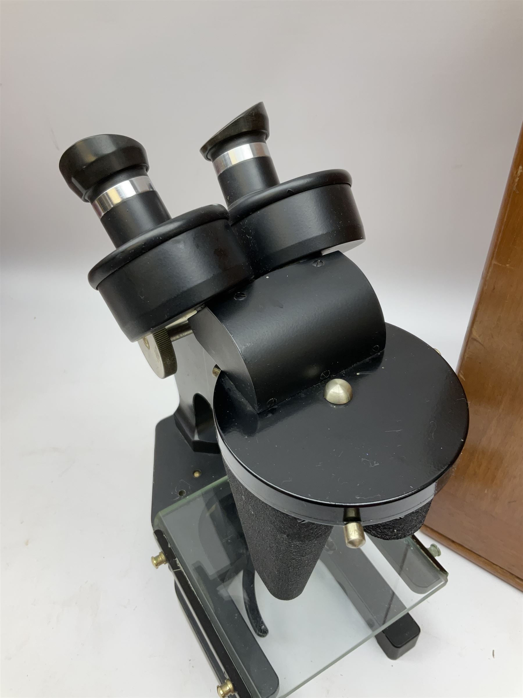 Charles Perry binocular microscope 'Classic No 1', with pitchfork base and rack and pinion focusing, in original fitted mahogany case with additional lenses, H44cm
