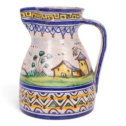 19th century Spanish faience jug with polychrome tin glaze decorated depicting a hunter an...