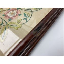 Two 1950s tapestries, the framed example celebrating the 1953 coronation, the second converted into a fire screen depicting a floral display, firescreen H70cm (2)