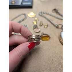 9ct gold mounted compass charm and a 9ct gold wedding band, hallmarked, together with a gold plated American Waltham Watch Co pocket watch, a silver watch chain and other gilt metal jewellery