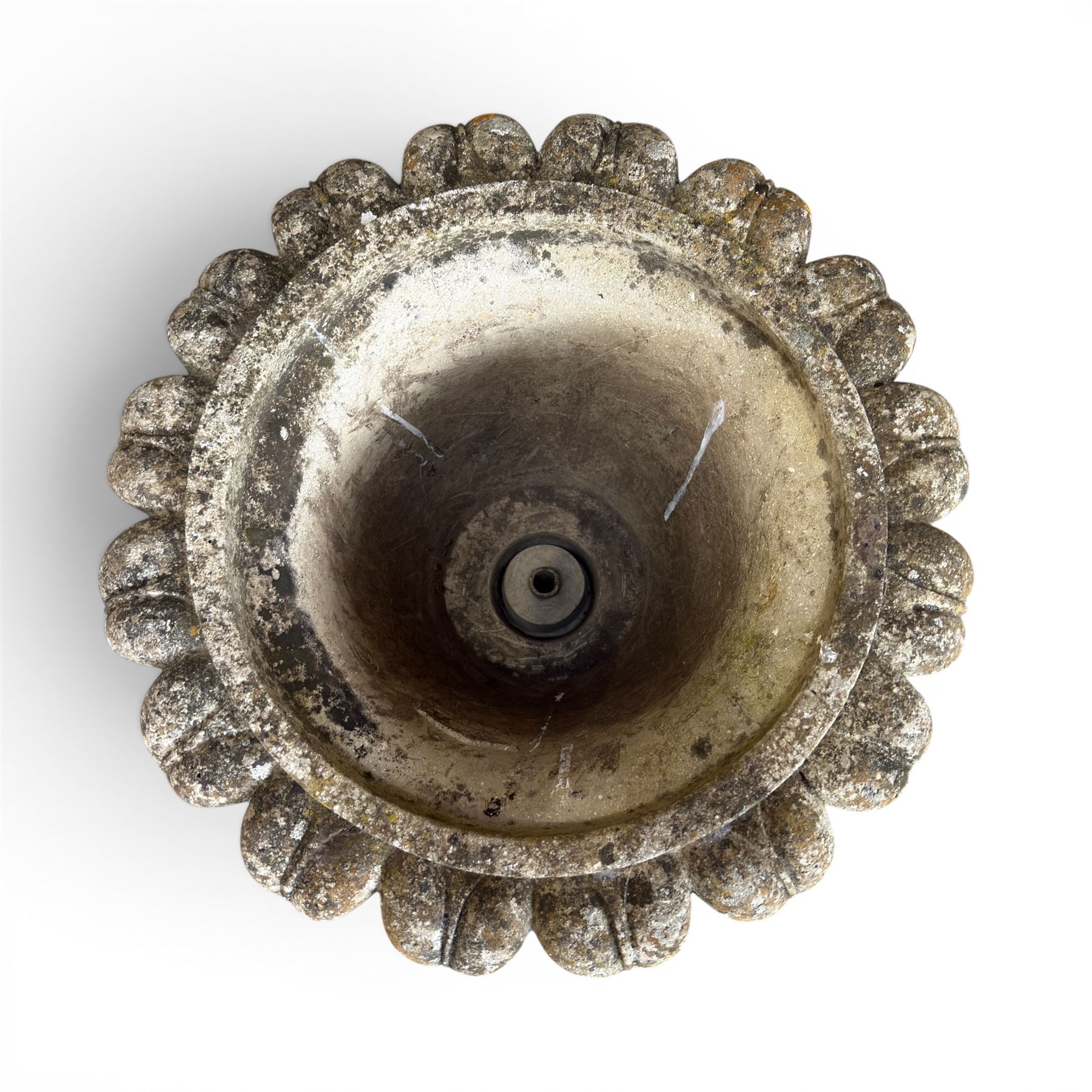 Cast stone tulip urn, petal rim with bell shaped bowl on squat base, stamped HGC; with associated plinth (2)
