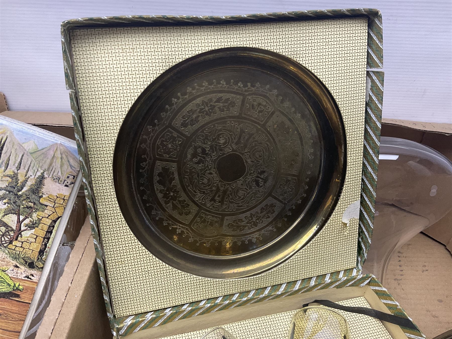 Dartington Crystal glass flower bowl, together with four similar smaller examples, two Orrefors glass bowls, collection of glass decanters, including Dartington and painted example, etc