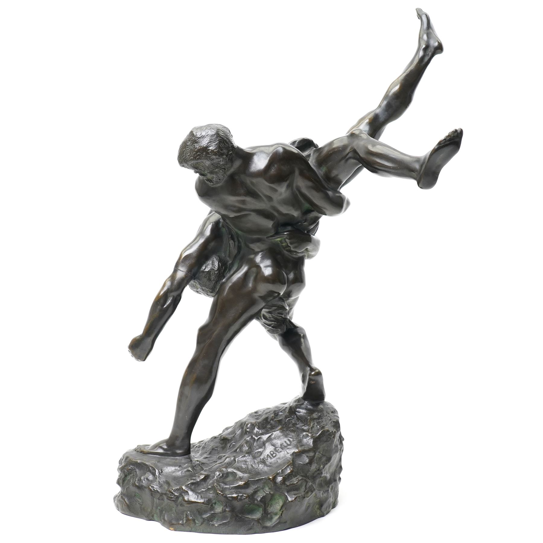 After Jef Lambeaux (Belgian 1852-1908): 'The Wrestlers' (Les Lutteurs), early 20th-century bronze group depicting two Hellenic classically nude male figures engaged in a violent athletic struggle or pankration event, on a naturalistic base signed, H63cm
Notes: the composition may plausibly be interpreted as Hercules and Antaeus, the mythological combat in which Hercules overcomes Antaeus by lifting him from the earth, thereby depriving him of his strength
