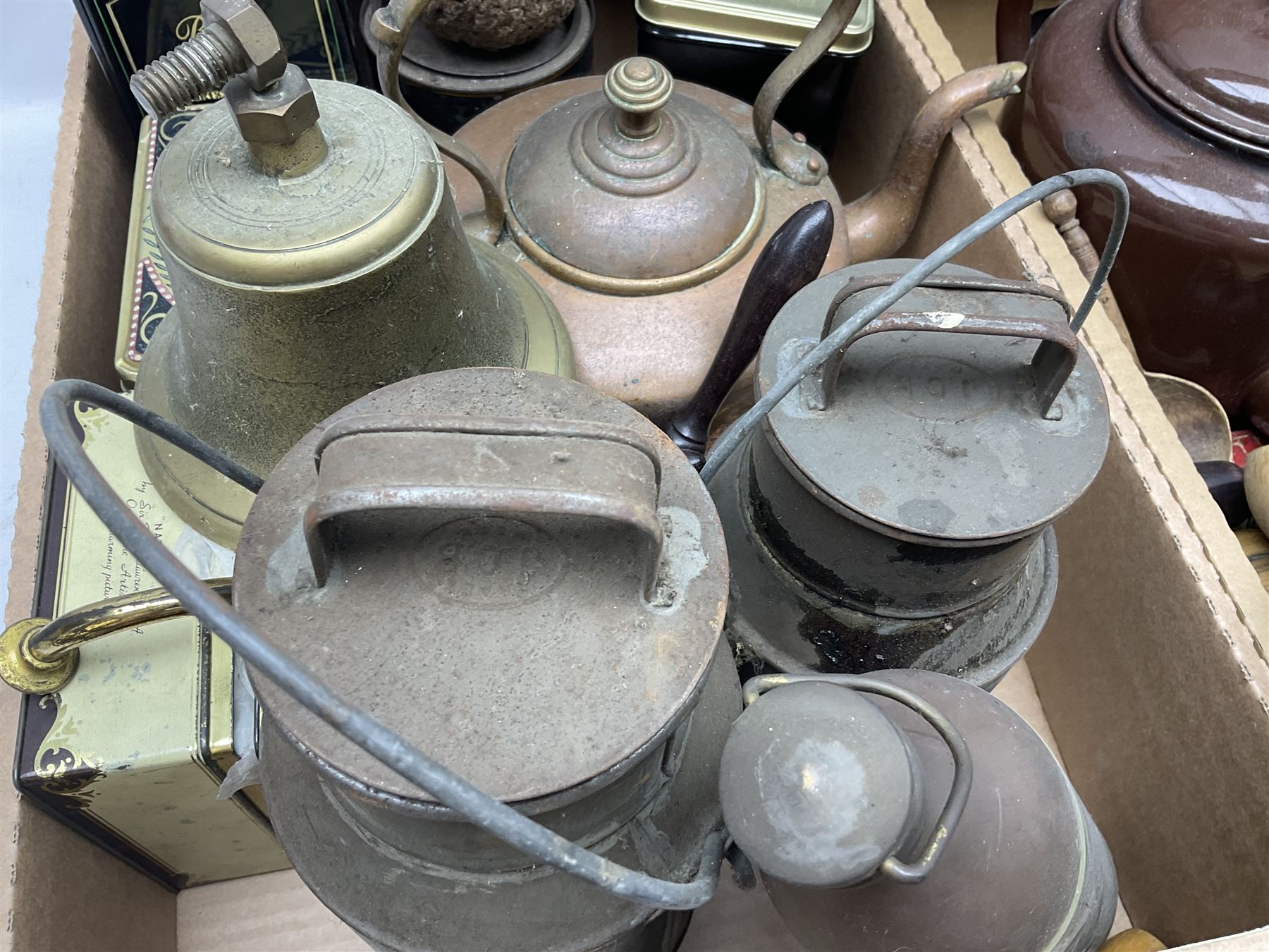 Mauchline ware trinket box and thimble holder, together with copper kettle, two large brown enamel teapots, wooden chess board, brass bell, hot water urn, and other metal ware etc, in three boxes 