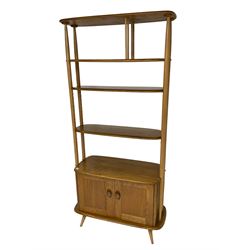 Ercol - 'Giraffe' elm and beech room divider, fitted with shelves and double cupboard