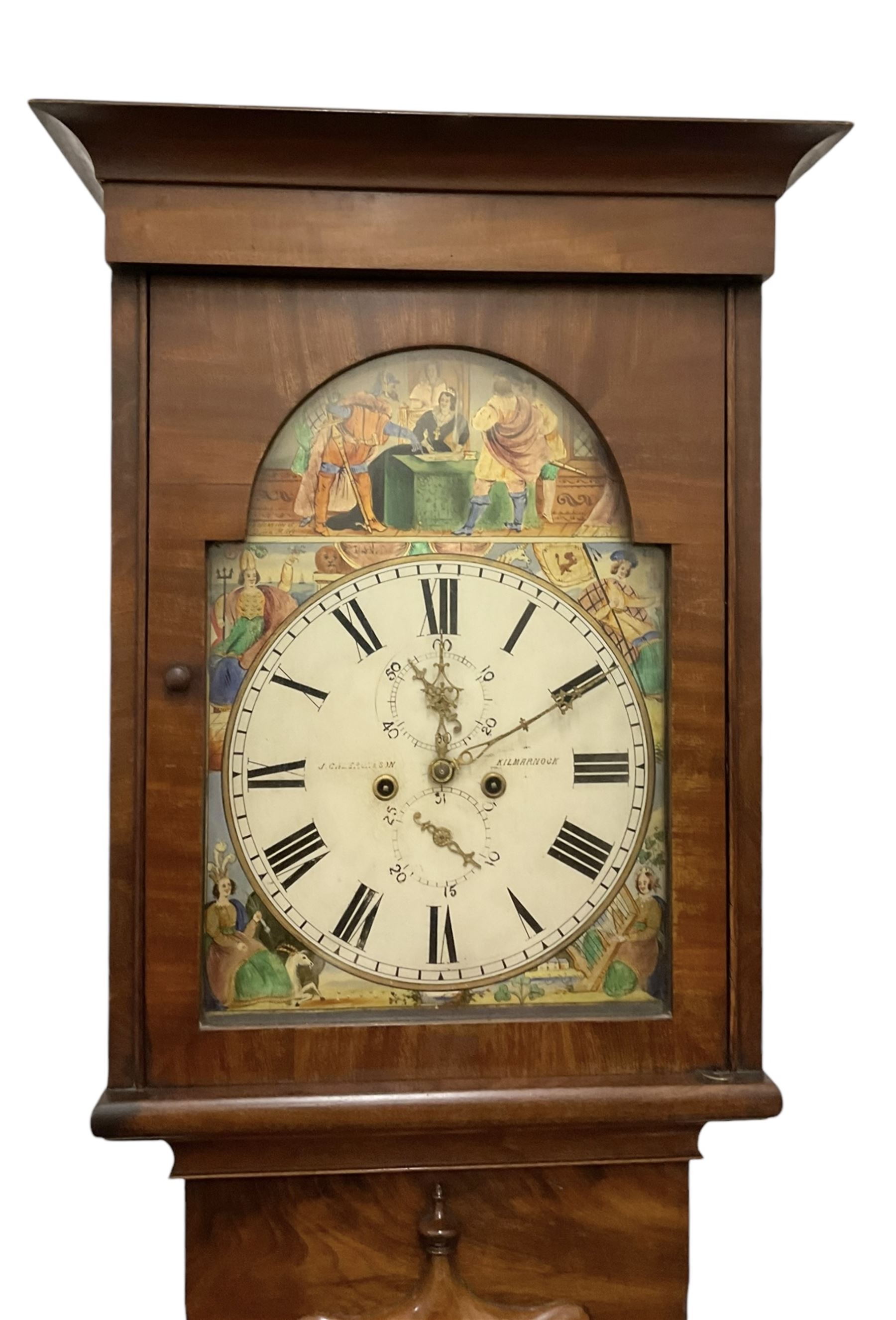 John Cameron & Son of Kilmarnock - late 19th century mahogany longcase clock c1870, with a flat topped pediment and blind frieze beneath, rectangular break arch hood door and sound frets to the hood sides, trunk with canted corners and a convex door with cushion mouldings, on a square plinth raised on turned bun feet, painted dial with a depiction of the abdication of Mary Queen of Scots to the arch and the four regions of the united Kingdom to the spandrels, with Roman numerals, minute track, date and seconds dials and stamped brass hands, dial pinned to a rack striking movement, striking the hours on a bell. With weights and pendulum. 