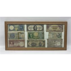 World banknotes including The Government Of The Straits Settlements one dollar 'J28 54342', The Japanese Government five dollars 'MR' etc, housed in two frames