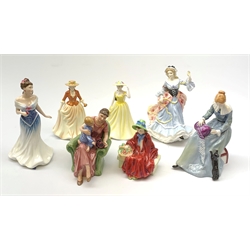 A group of seven Royal Doulton figurines, comprising Linda HN2106, When I was Young Hn3457, Ladies of the British Isles England HN3627, For You HN3754, Spring Time HN4586, Autumn Stroll HN4588 with accompanying certificate, and Dorothy HN3098, (a/f), five with boxes. (7). 