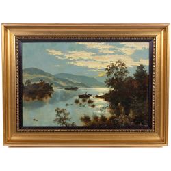 Edgar Longstaffe (British 1852-1993): Boating at Sunset, oil on canvas signed with monogram and dated 1891, 34cm x 52cm 