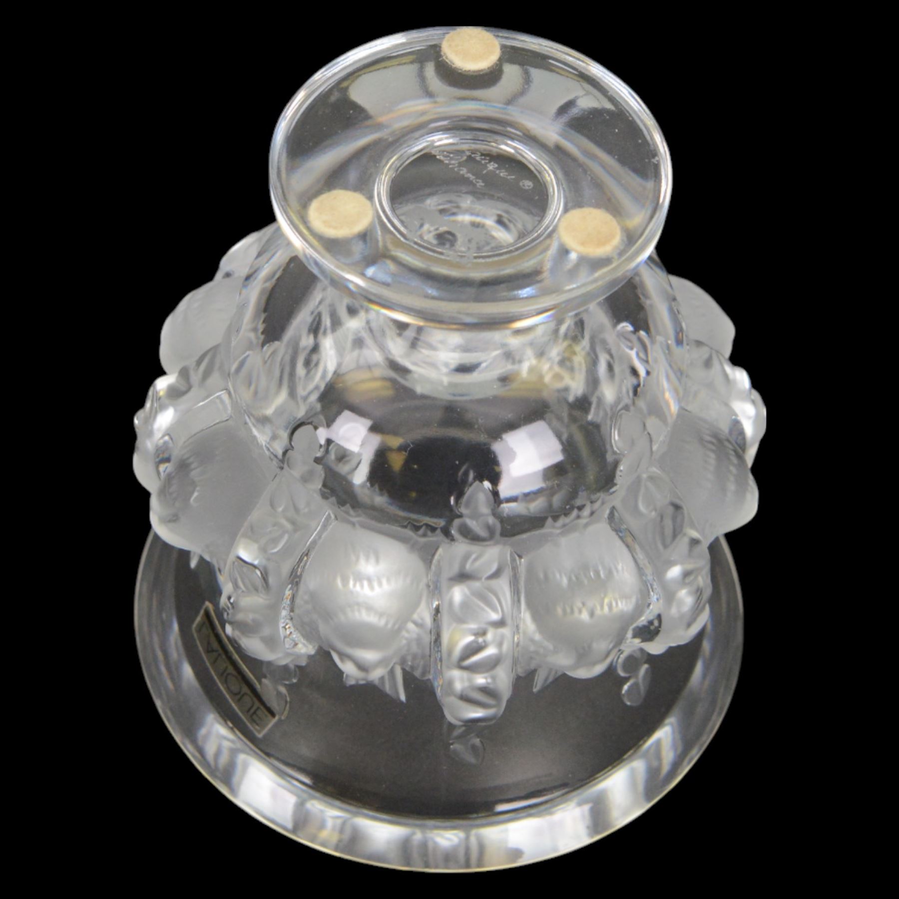 Lalique Dampierre vase, designed by Marc Lalique, of campana form, decorated in relief with sparrows and flowers upon a circular base, signed to base, H12cm