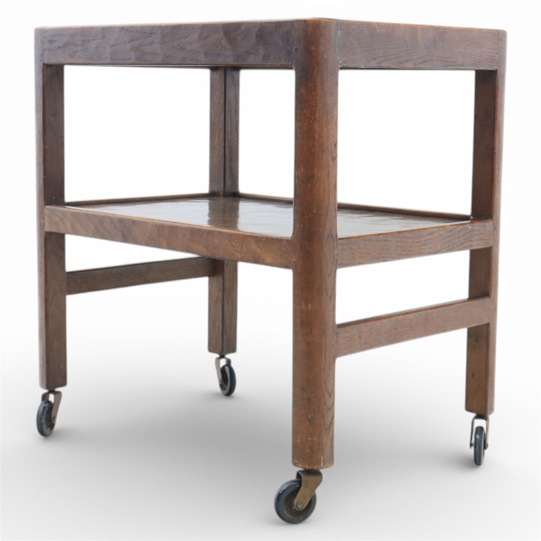 Yorkshire oak dark stained tea trolley, adzed two tier table, raised on castors