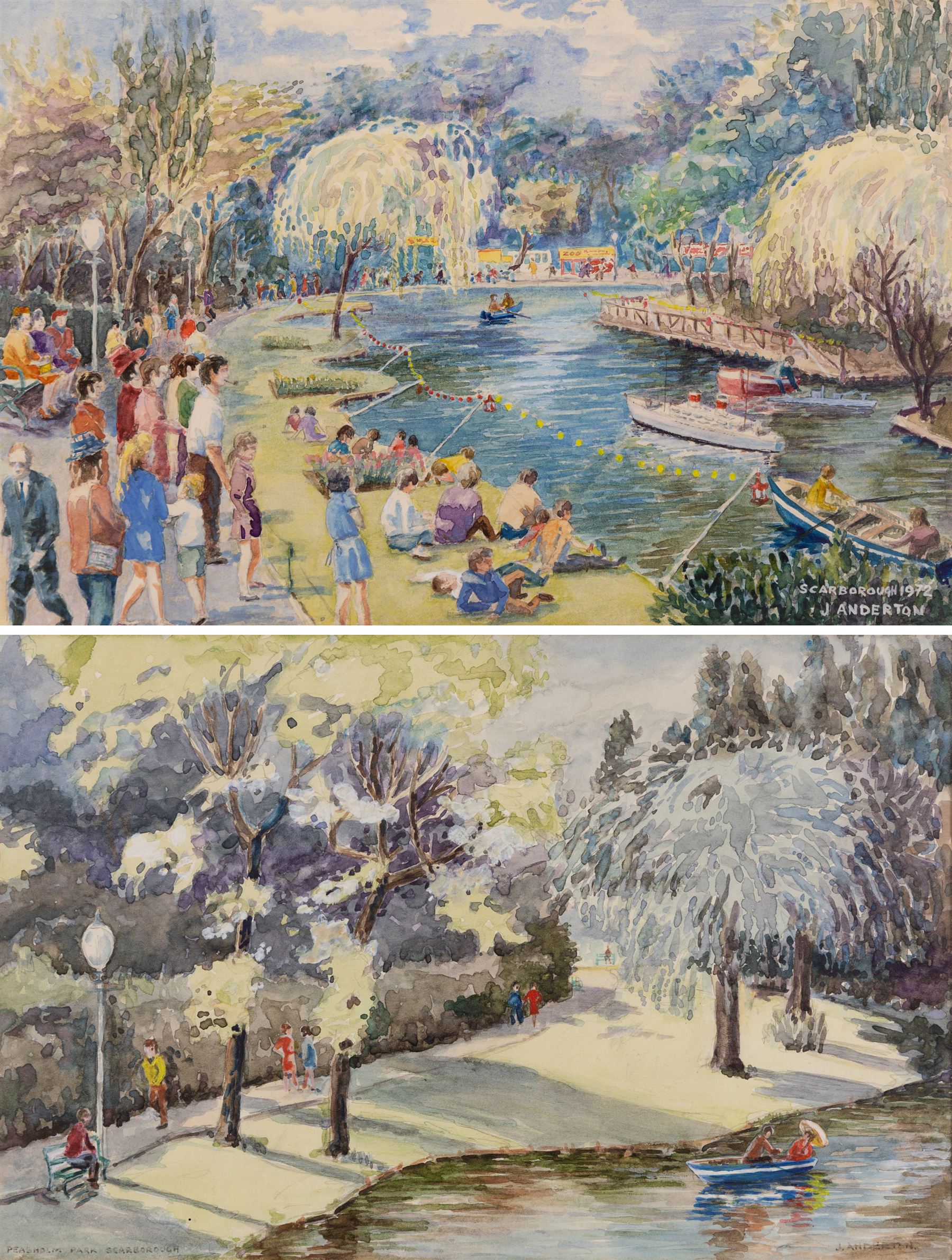 J Anderton (Northern British 20th Century): 'Peasholm Park - Scarborough' and the 'Scarborough' Boat Race, two watercolours signed, one dated 1972, max 24cm x 37cm (2)