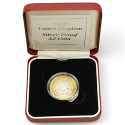 Six The Royal Mint United Kingdom silver proof coins or sets, comprising 1986 'XIII Commonwealth Games', 1997 two pounds, 1997 fifty pence two-coin set, 1997-1998 two pound two-coin set, 2005 '400th Anniversary of the Gunpowder Plot' fifty pence and 2020 'Withdrawal from the European Union' fifty pence, all cased with certificates