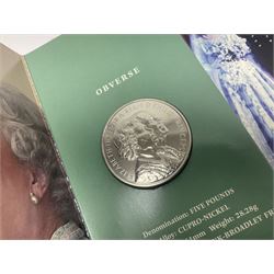 Eleven Queen Elizabeth II cupronickel five pound coins, in card folders or on cards