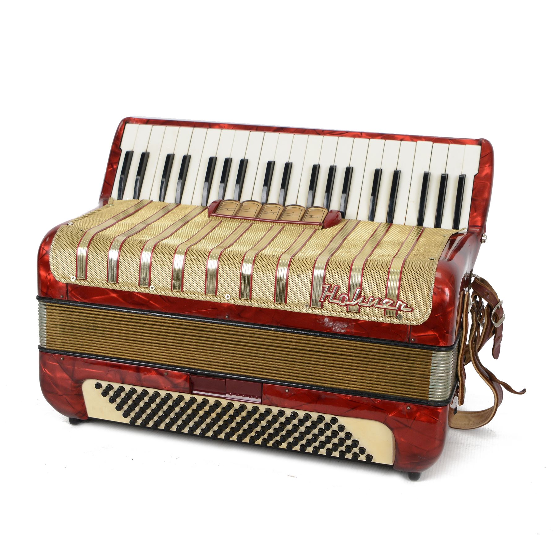 Hohner Chromatic accordion, three octave keyboard with 120 buttons and 16 fold bellows. With carrying case.
