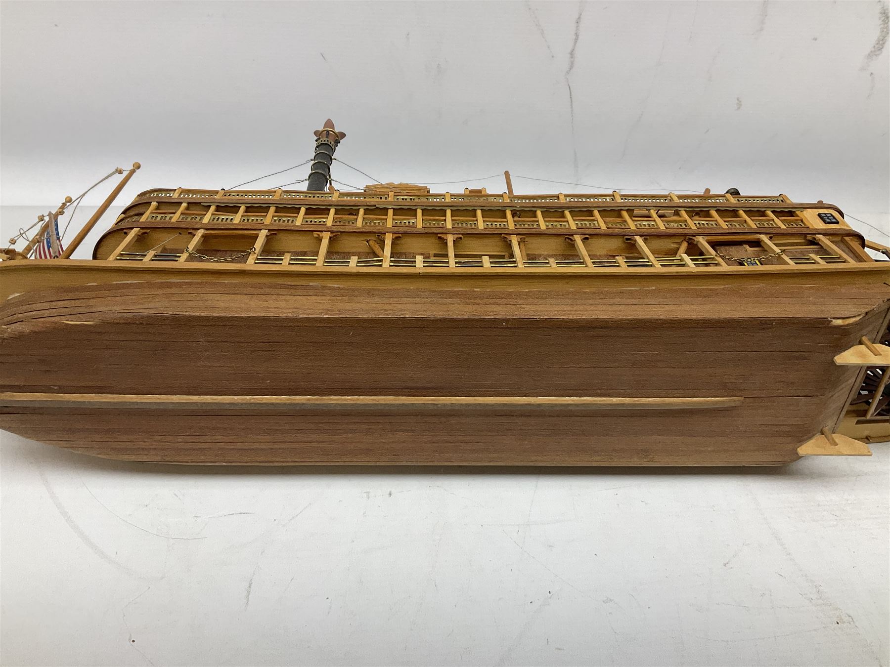 Hand built model of a river paddle steamer 'King of the Mississippi' and a sailing ship with three masts and unfurled sails, largest example H80cm, L101cm