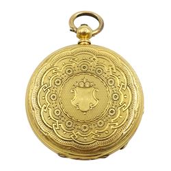 Gold open face ladies key wound cylinder pocket watch gilt dial with Roman numerals, engine turned and engraved back case with cartouche, stamped 18K