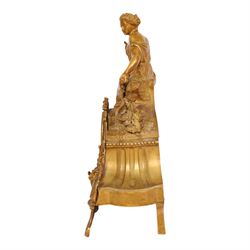 19th century French ormolu mantel clock, retailed by J & W Marshall, Paris, surmounted with a figure of in neo classical dress, with enamelled Roman dial marked James & Walter Marshall, H39cm 